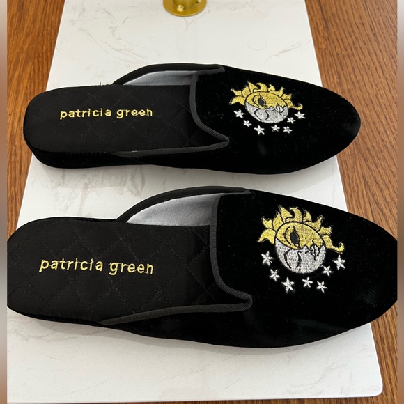 Patricia green black slippers with sun and moon. 8.5. Like new - Picture 2 of 3